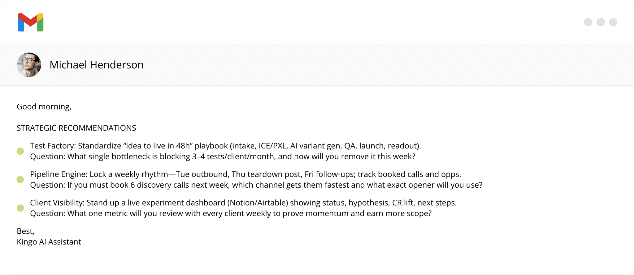 The Daily Focus email interface showing AI assistant recommendations