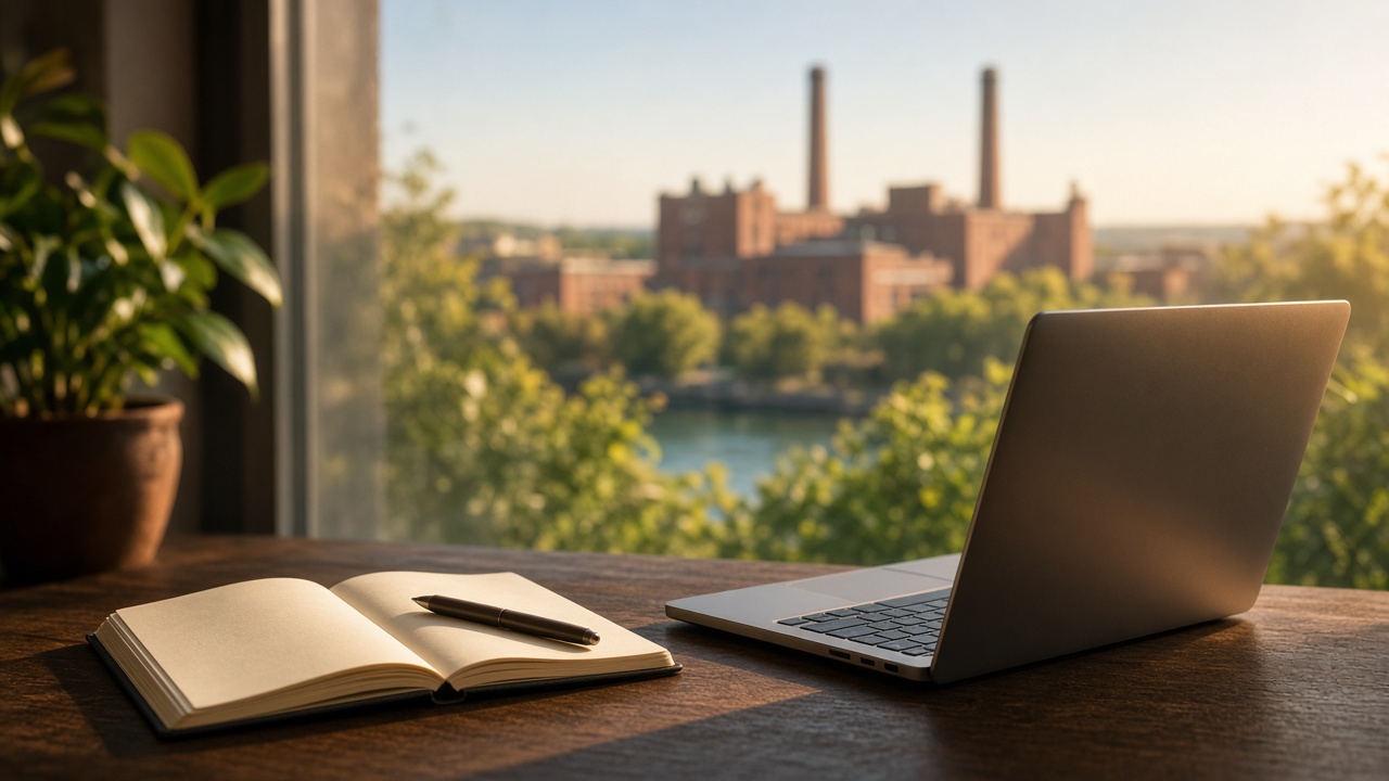Workspace overlooking an industrial landscape