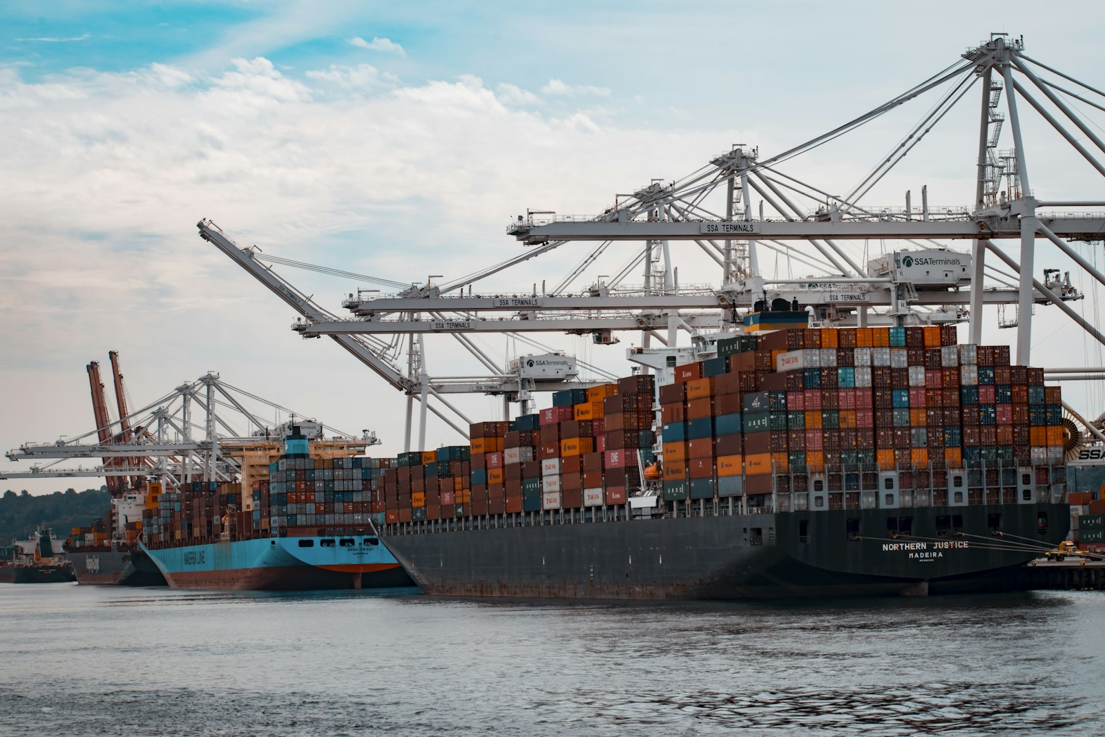 Container ships being loaded at a coastal terminal
